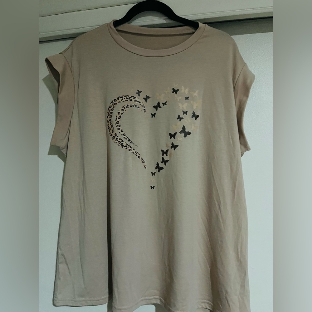 Women's Tan Heart and Butterfly Graphic Top